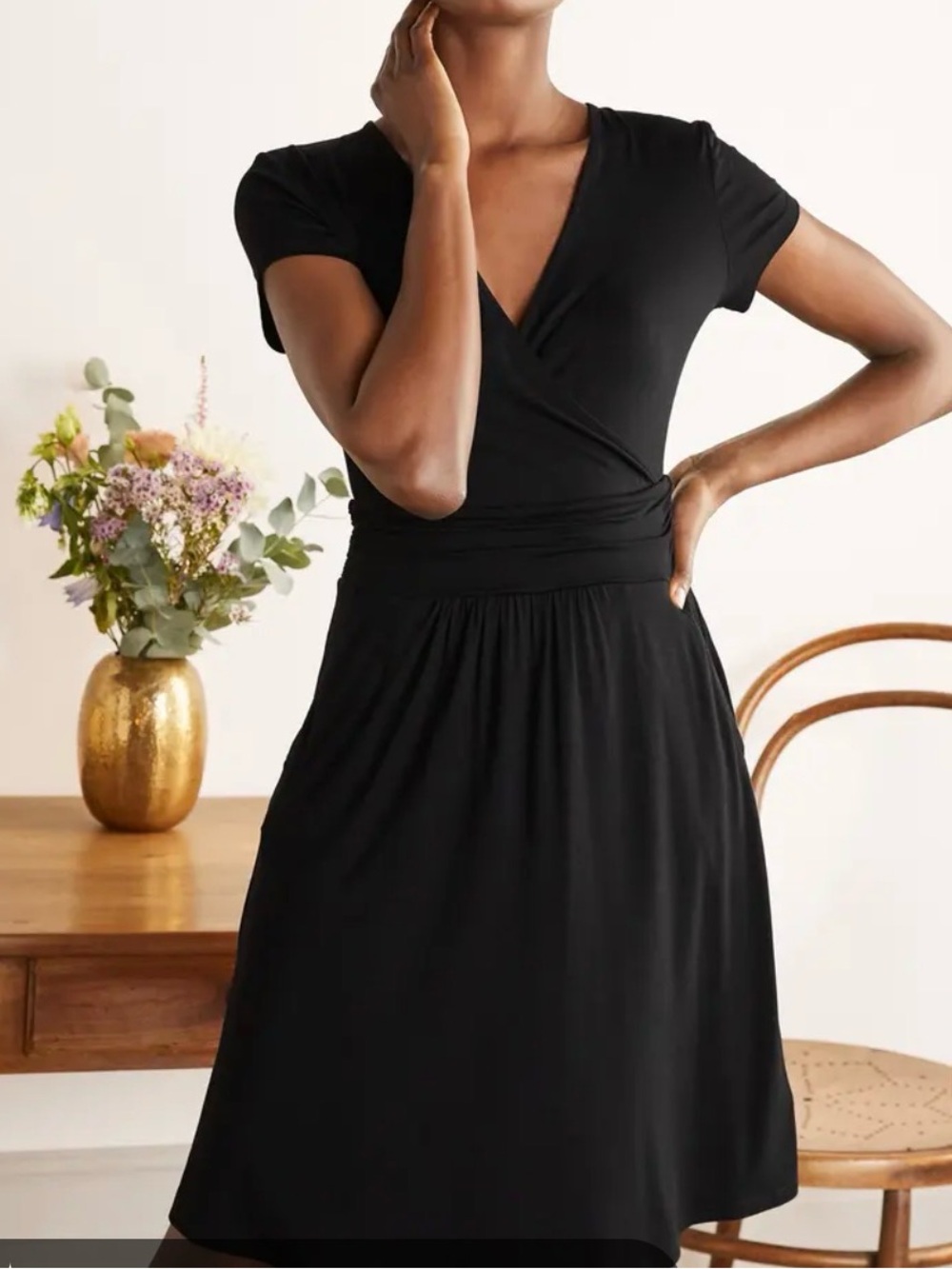 Boden Black Lola Short-Sleeve Wrap Midi Dress Size 8 NWT